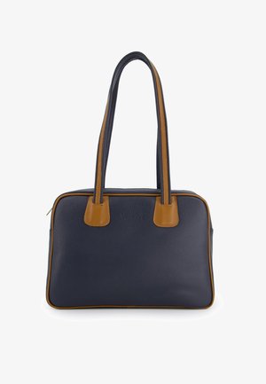Marine leren handtas met lichtbruine accenten, rechthoekige vorm, dubbele handgrepen en gestikte details langs de randen.