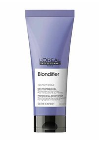 Purple plastic tube of L'Oréal Professionnel Blondifier conditioner, featuring black cap, white text, and graphic elements for professional use.