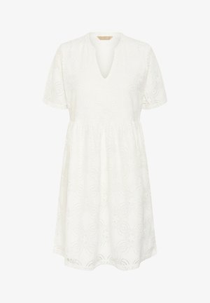White short-sleeve dress with a V-neck, featuring floral embroidery, a relaxed fit, and scalloped hem detailing.