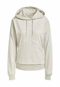 Felpa Adidas di colore beige chiaro con tasca a marsupio frontale, cappuccio con cordino regolabile, polsini a costine e piccolo logo sul petto.