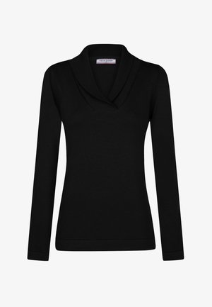 Mustast kootud kangast valmistatud pikkade varrukatega särk, millel on lai sallkrae ning soonikkoes aktsendid varrukasäärte ja ääre juures.