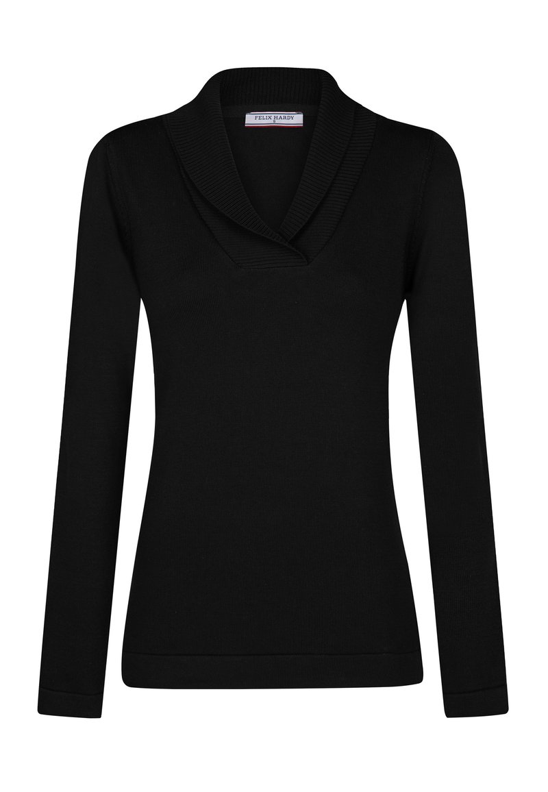 Top nero a maniche lunghe in tessuto lavorato a maglia, con ampio colletto a scialle e dettagli a coste su polsini e orlo.