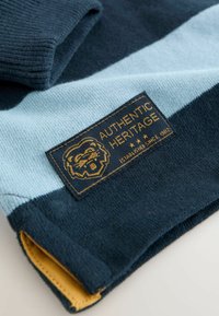 Kék és sötétkék csíkos pulóver bordázott textúrával. Arany hímzett címkéje van, amelyen egy oroszlán logó és az "AUTHENTIC HERITAGE" felirat található.