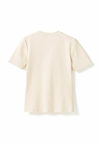 T-shirt beige uni à manches courtes, vu de dos, avec un col rond et des bords simplement ourlés.