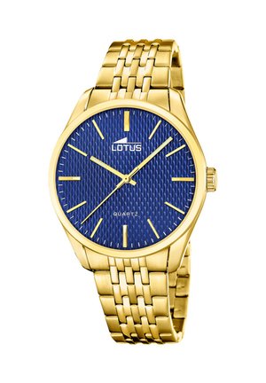 Reloj de pulsera de metal dorado con esfera texturizada azul, marcadores de hora y agujas doradas, marca Lotus y movimiento de cuarzo.