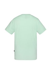T-shirt mint verde a maniche corte in cotone; presenta un collo a giro e un'etichetta logo discreta sul lato sinistro vicino all'orlo.