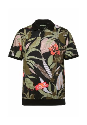 Poloko s krátkým rukávem, černé s živým tropickým květinovým potiskem v zelené, červené a růžové barvě. Obsahuje klasický límec a zapínání na tři knoflíky.