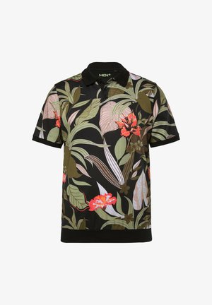 Koszulka polo z krótkim rękawem, czarna z wyrazistym tropikalnym nadrukiem kwiatowym w kolorach zielonym, czerwonym i różowym. Posiada klasyczny kołnierzyk oraz zapięcie na trzy guziki.