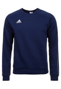 Marinblå bomulls sweatshirt med rundhals, lång ärm och ribbade muddar. Har vit Adidas-logotyp på övre vänstra bröstet.