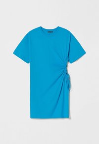 Bluzka sukienka w kolorze cyjanowym, z krótkimi rękawami i marszczeniem z boku, z regulowanymi sznurkami pozwalającymi na dopasowanie do sylwetki.