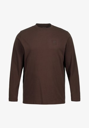 Bruine langetermijn t-shirt met lange mouwen van zacht materiaal. Heeft een ronde hals, normale pasvorm en een klein logo gedrukt op de borst.