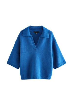 Maglione blu a maniche corte con scollatura a V e colletto, caratterizzato da un knit testurizzato. Dettaglio di polsini e orlo a coste.