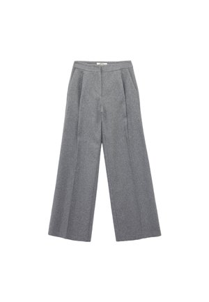 Grijze, hooggewaiste wijde broek gemaakt van een gestructureerde stof met plooien aan de voorkant, voorzien van zijzakken en een op maat gemaakte uitstraling.