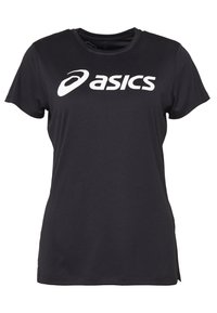 Schwarzes sportliches T-Shirt mit kurzen Ärmeln, das ein zentriertes weißes ASICS-Logo auf der Brust, einen Rundhalsausschnitt und eine normale Passform aufweist.