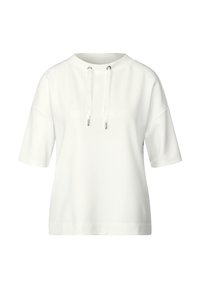 Camiseta blanca de algodón con mangas cortas, escote redondo y cordones con acentos plateados en la parte delantera. Textura suave, corte relajado.
