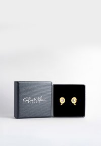 Guld studs med en cirkulär design som har en central klar ädelsten, presenterade i en svart sammetfodrad presentask.
