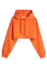 Kort orange hoodie med dragsko, långa ärmar och en mjuk textur. Har synlig tryckt text vid fållen.