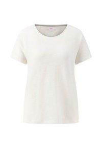Lyse beige kortærmet t-shirt med rund halsudskæring og raglanærmer, lavet af blødt stof, med en enkel og glat tekstur.