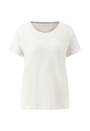 T-shirt beige chiaro a maniche corte con scollatura rotonda e maniche raglan, realizzata in un tessuto morbido, caratterizzata da una trama semplice e liscia.