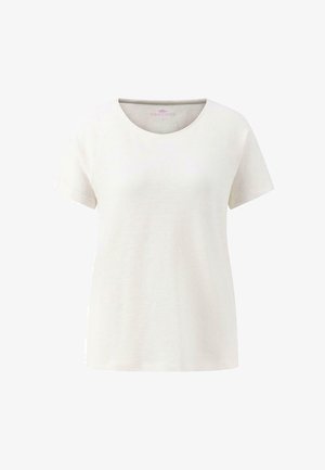T-shirt beige chiaro a maniche corte con scollatura rotonda e maniche raglan, realizzata in un tessuto morbido, caratterizzata da una trama semplice e liscia.