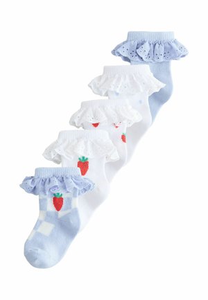 Five pairs of baby socks with lace ruffles; two pairs are light blue with strawberries, three pairs are white with strawberry patterns and lace cuffs.