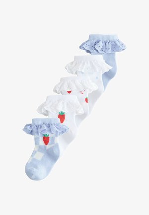 Five pairs of baby socks with lace ruffles; two pairs are light blue with strawberries, three pairs are white with strawberry patterns and lace cuffs.