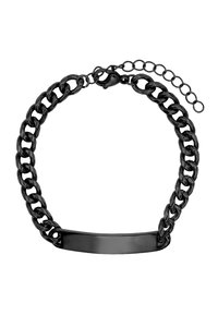 Bracciale in catena nera con grandi anelli, un elemento centrale rettangolare liscio e una chiusura a gancio con estensione della catena regolabile.