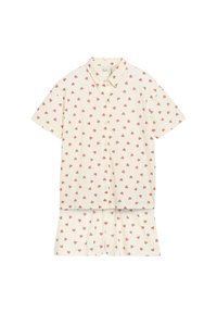 Camicia a maniche corte con bottoni e pantaloni abbinati in tessuto crema con un piccolo motivo a cuori rossi, distribuiti uniformemente.