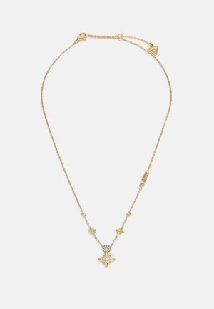 Collier en ton doré avec un pendentif en forme d'étoile orné de pierres transparentes, relié par une chaîne délicate avec de petits accents en forme d'étoile.