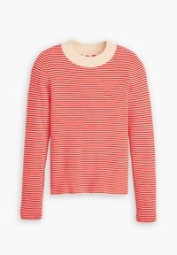 Rot-weiß gestreifter Langarmpullover mit gerippter Textur und cremefarbigem Rundhalsausschnitt. Mit kleinem Levi's-Logo auf der Brust.