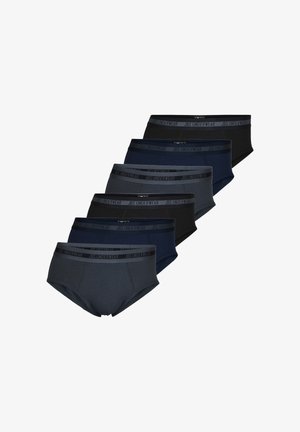 Set di sette paia di boxer da uomo nelle tonalità di nero e blu scuro, con elastici in vita recanti il marchio "JBS Underwear".