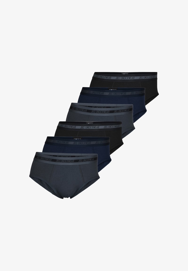 Sieben Paar Herren-Slips in Schwarz- und Dunkelblau-Tönen, ausgestattet mit elastischen Bund mit "JBS Underwear"-Markenaufdruck.