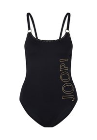 Zwarte swimsuit met smalle bandjes, gouden accenthardware en een gouden 'JOOP!' logo-print aan de linkerkant. Beschikt over een gladde, rekbare textuur.