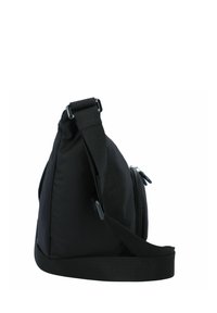 Borsa a tracolla nera in tessuto con superficie strutturata, design angolato, tracolla regolabile e due scomparti con cerniera.