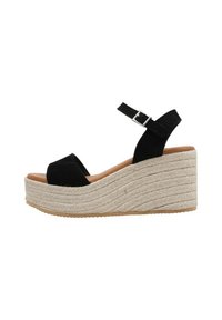 Sandalias de cuña negras con plataforma, parte superior de ante, diseño de punta abierta, correa ajustable en el tobillo y media suela de yute trenzado con un acabado texturizado.