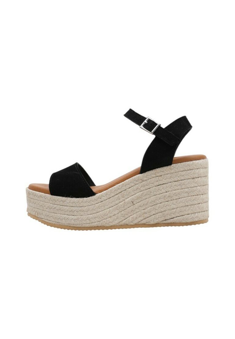 Sandalias de cuña negras con plataforma, parte superior de ante, diseño de punta abierta, correa ajustable en el tobillo y media suela de yute trenzado con un acabado texturizado.