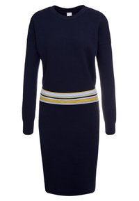 Vestito a maniche lunghe blu navy con corpino strutturato e fascia elastica a righe gialla e bianca in vita. Scollo rotondo e polsini a costine.