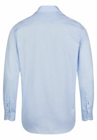 Lichtblauwe longsleeve shirt met een soepele textuur, met knoopmanchet, kraag en een afgeronde zoom. Bevat kleine logo-details op de mouw.
