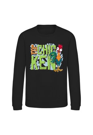 Czarna bluza z długim rękawem z kolorowym, kreskówkowym kogutem i wyraźnym tekstem "The Chicken" w zieleni i pomarańczy z przodu.