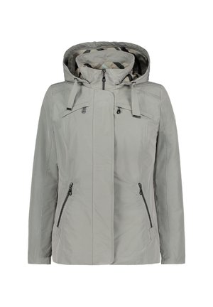 Lichtgrijze capuchonjas met rits aan de voorkant, drukknoopsluiting, verstelbare trekkoorden en ritszakken aan de zijkanten.