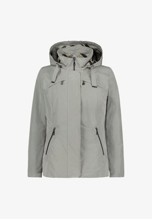 Lichtgrijze capuchonjas met rits aan de voorkant, drukknoopsluiting, verstelbare trekkoorden en ritszakken aan de zijkanten.