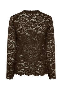 Brun blondebluse med lange ærmer, der har blomsterprint, bølget kant og gennemsigtig tekstur, med rund halsudskæring og en let figursyet silhuet.