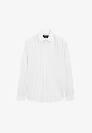 White long-sleeve button-up shirt featuring a subtle striped pattern, classic collar, and rounded hem. Made from lightweight fabric.