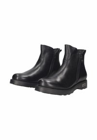 Stivali alla caviglia in pelle nera con finitura liscia, dotati di cerniere laterali doppie e suola in gomma testurizzata per una maggiore aderenza. Design classico e costruzione robusta.