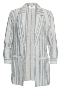 Long-sleeve open-front blazer with vertical gray and white stripes, lapel collar, and two front pockets.