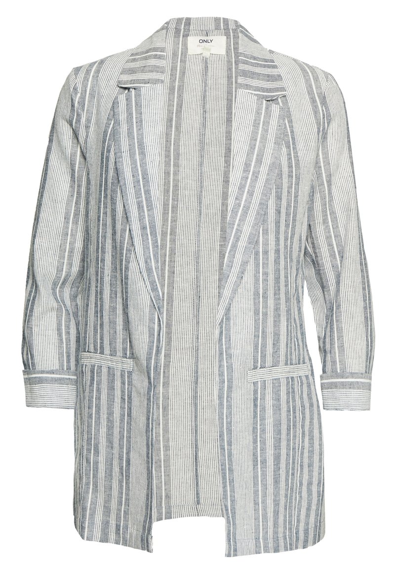 Long-sleeve open-front blazer with vertical gray and white stripes, lapel collar, and two front pockets.