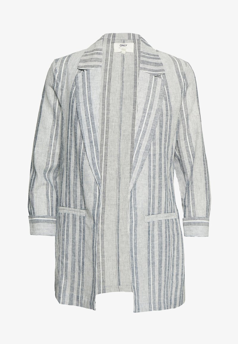 Long-sleeve open-front blazer with vertical gray and white stripes, lapel collar, and two front pockets.