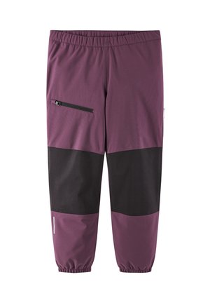 Pantaloni viola e neri realizzati in materiale sintetico, con vita elasticizzata, tasca con zip e polsini elastici alla caviglia.