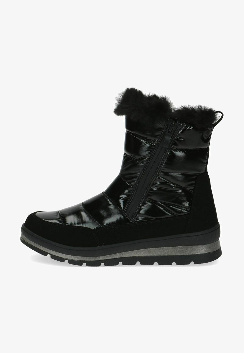 Botín negro impermeable hasta el tobillo que cuenta con material sintético brillante y acolchado, cuello de pelo sintético, cremallera lateral y suela de goma texturizada.