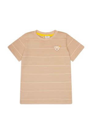 Beige short-sleeve toddler t-shirt with thin horizontal stripes and a small teddy bear patch on the left chest.